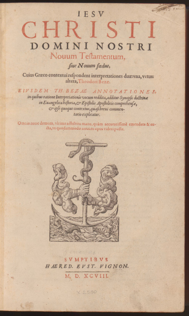 Greek New Testament 1598 AD of Theodore Beza - title page